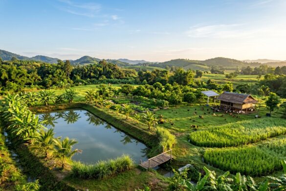 ภาพมุมกว้างแปลงเกษตรทฤษฎีใหม่ 10 ไร่ จัดสรรพื้นที่ 30:30:30:10 ผสมผสานสระเก็บน้ำ นาข้าว พืชสวนไม้ผล และคอกสัตว์ปีก ภาพประกอบ AI เชิงแนวคิดเพื่อการวิเคราะห์เศรษฐศาสตร์เกษตร