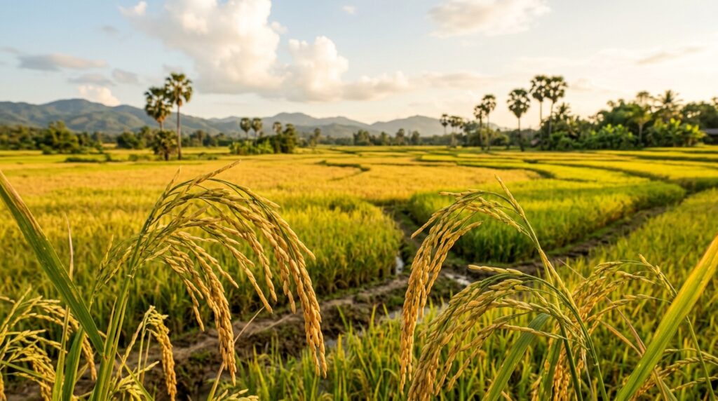 แปลงนาข้าว 1 ไร่ ในฤดูเก็บเกี่ยว รวงข้าวสีทองสุกสมบูรณ์พร้อมเกี่ยว สำหรับวิเคราะห์ต้นทุน ค่าเช่านา ค่ารถเกี่ยว และผลตอบแทนต่อปี