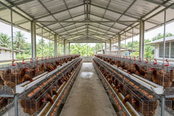 โรงเรือนไก่ไข่ระบบเปิดและกรงตับชุบกัลวาไนซ์สำหรับแม่ไก่ไข่สายพันธุ์สีน้ำตาล แสดงรางอาหาร ระบบให้น้ำนิปเปิลอัตโนมัติ และไข่ไก่สดบนรางรับไข่ ภาพประกอบการวิเคราะห์ต้นทุนการผลิตและผลตอบแทนทางเศรษฐศาสตร์ปศุสัตว์ (ภาพประกอบจำลองด้วย AI)