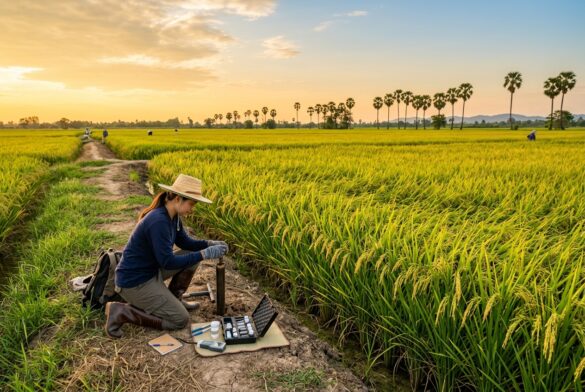 แปลงนาข้าวพันธุ์ปทุมธานี 1 ที่ได้รับการจัดการธาตุอาหารและปุ๋ยตามค่าวิเคราะห์ดินอย่างสมดุล รวงข้าวสีทองสม่ำเสมอลำต้นแข็งแรง ภาพประกอบเชิงแนวคิดเพื่อการวิเคราะห์เทคนิคการเกษตร