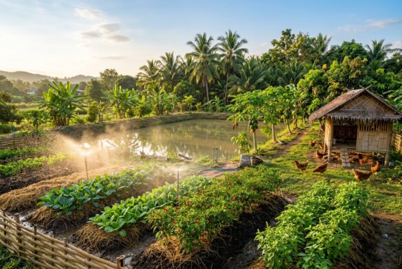 แปลงเกษตรพอเพียงขนาด 1 ไร่ ผสมผสานสระน้ำประจำแปลง แปลงพืชผักสวนครัว ไม้ผล และคอกสัตว์ปีกเพื่อการพึ่งพาตนเอง ภาพประกอบ AI เชิงแนวคิดเพื่อการวิเคราะห์เศรษฐศาสตร์เกษตร